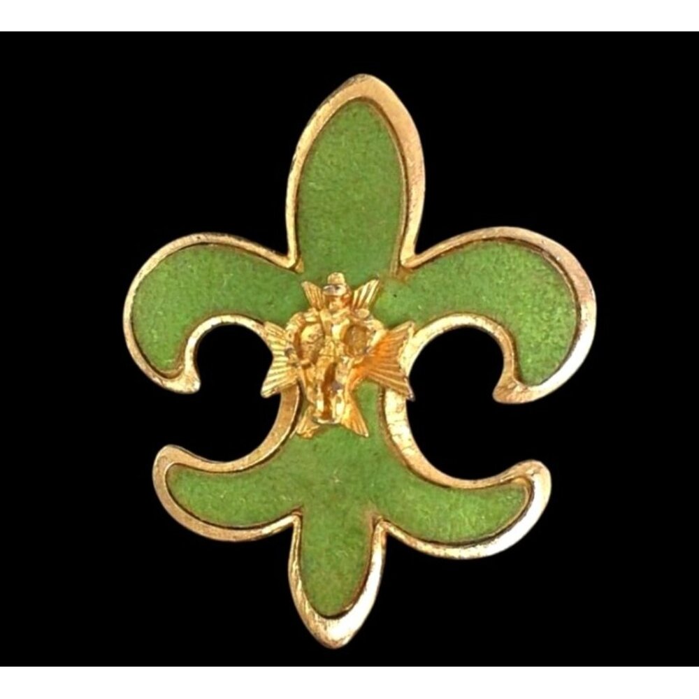 Vintage Gold Tone Green Suede Fleur De Lis Brooch With Archangel Michael Embelli